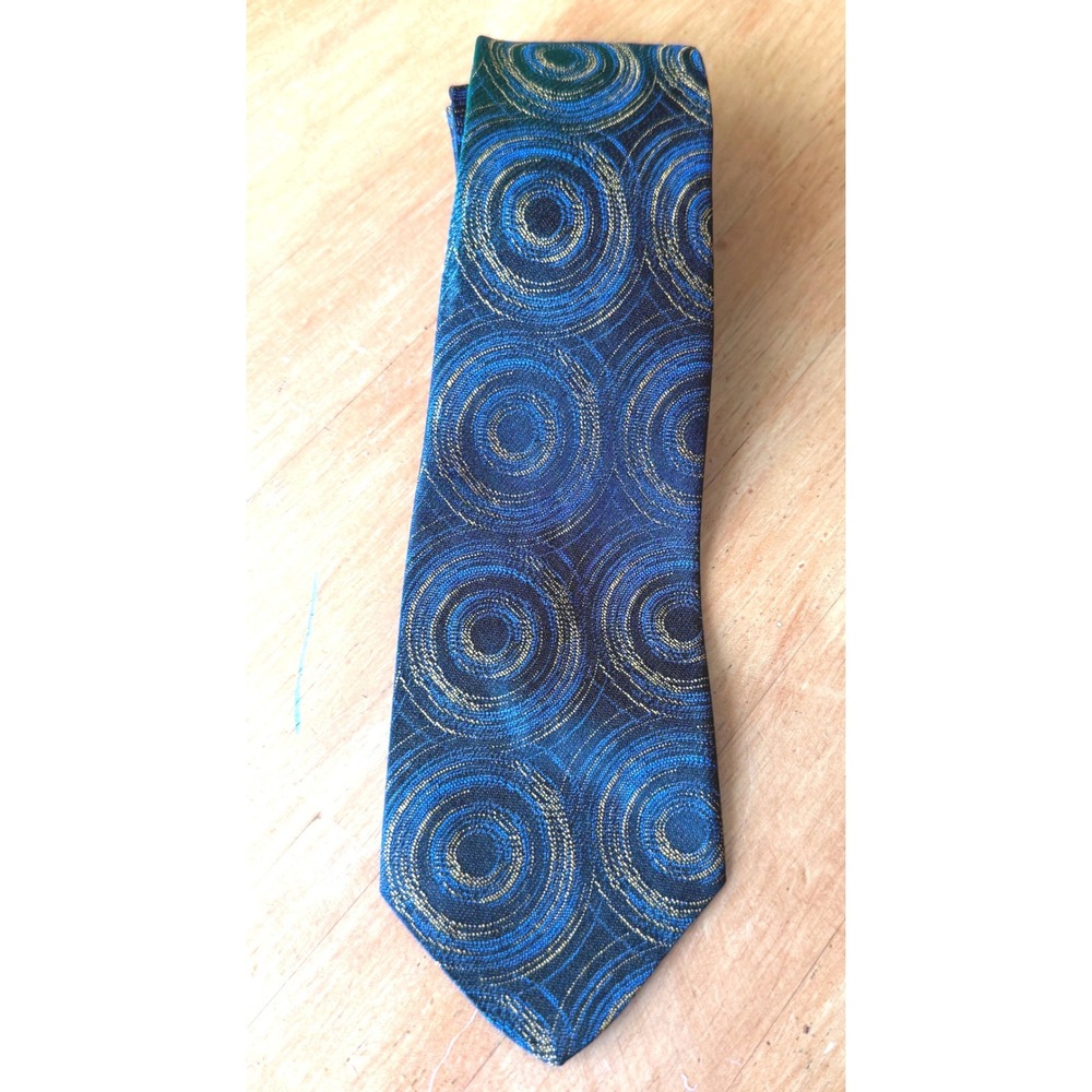 Vintage The Nebraska Silk Tie Blue Teal Gold Psychedelic Swirl Concentric Circle